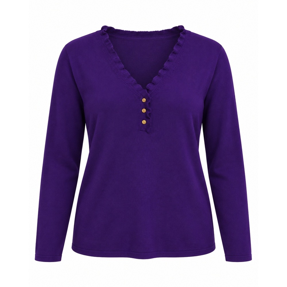 Lauren Ralph Lauren Purple Ruffle V-Neck Henley Sweater 2X Cotton Knit Top - Picture 1 of 8